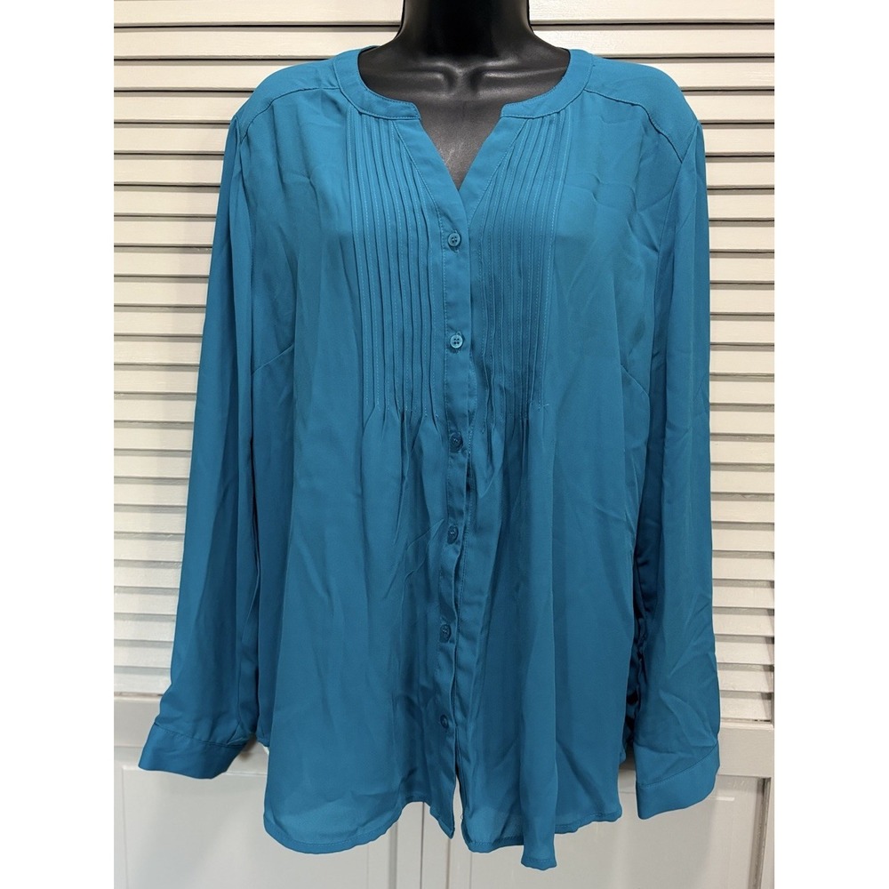 Laura Scott‎ Turquoise Chiffon Pleated Long Sleeve Button Up Blouse Size Large